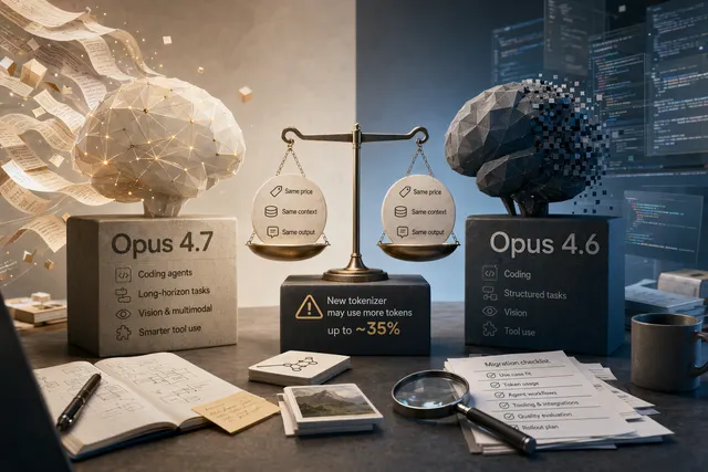 Claude Opus 4.7 vs Opus 4.6 升級成本與功能比較的抽象 AI 插圖