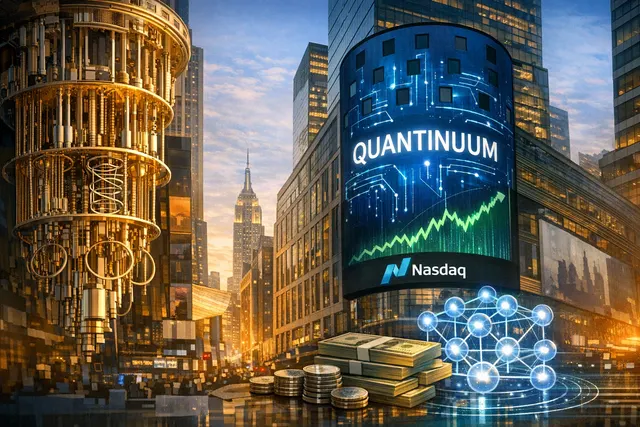 Quantinuum IPO visual showing trapped-ion technology and Nasdaq market data.