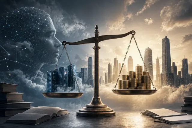 Editorial illustration of the debate over AI profitability, valuations, and slowing frontier model development