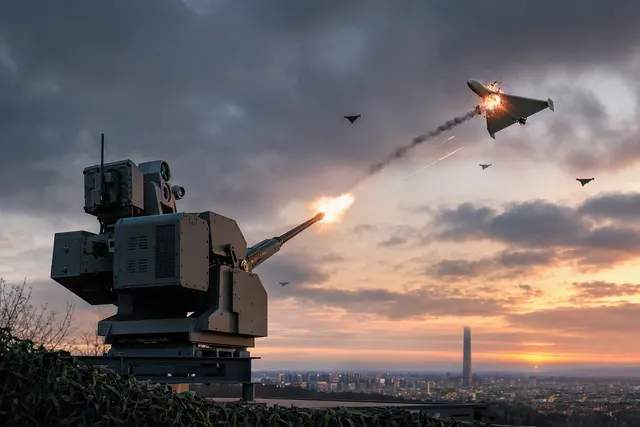 AI-generated editorial illustration accompanying an article about Ukraine’s Sky Sentinel turrets and Russian jet-powered drones