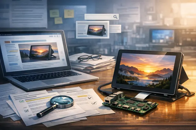 Raspberry Pi 10-inch Touch Display 2 mounted on a desk, showing a colorful interface