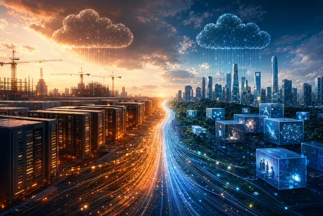 Illustration representing Alibaba and Tencent competing in AI infrastructure and cloud computing