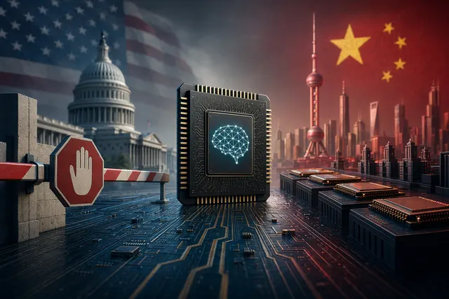 Illustration of Nvidia and Huawei competing in the AI chip market amid U.S.–China technology tensions
