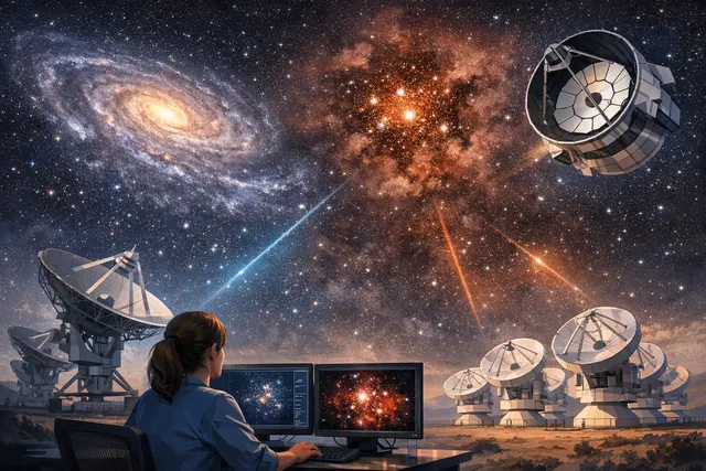 AI-generated illustration of a barred spiral galaxy with a bright circumnuclear ring highlighting the location of hidden star clusters as seen by ALMA, VLA, and JWST.