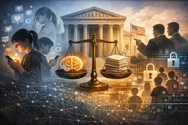 Editorial illustration of Meta facing legal scrutiny over Facebook and Instagram’s alleged impact on children