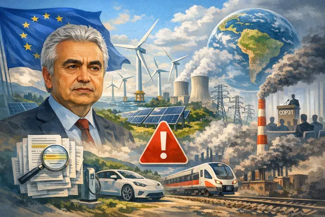 IEA chief Fatih Birol speaking at an energy conference, with European power grid infrastructure in the background