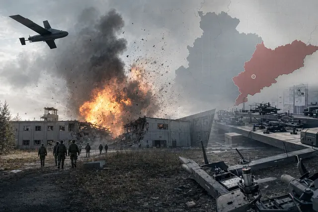 Illustration of a drone strike hitting a military training facility in Snizhne, Donetsk
