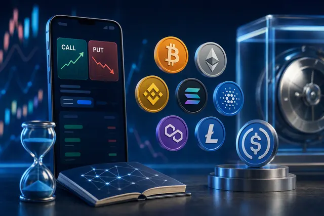 Editorial illustration representing cryptocurrency options trading in a mobile trading account