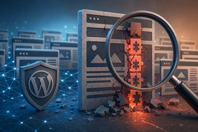 Editorial illustration about WordPress website security and plugin maintenance