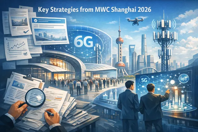 AI-generated visualization of a telecom network hub processing AI tokens, representing the shift from byte monetization to token monetization at MWC Shanghai 2026