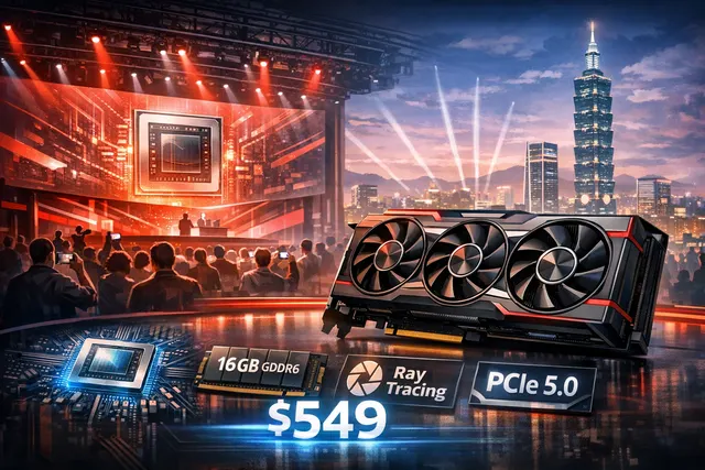AMD Radeon RX 9070 GRE graphics card with dual fans and a dark shroud, set against a futuristic digital backdrop.