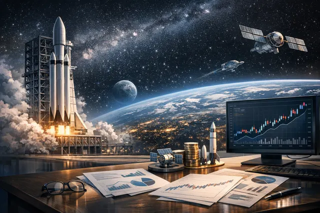 AI-generated editorial image showing SpaceX branding and stock market charts representing the WisdomTree Space Economy ETF (WSPC) inclusion.