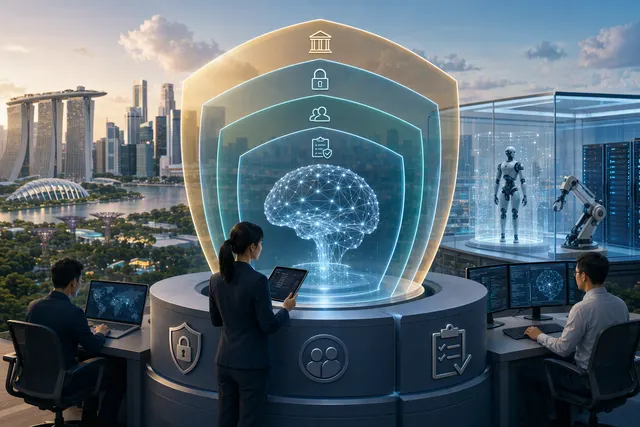 Editorial illustration representing safeguards around autonomous AI agents and cybersecurity