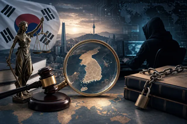 AI-generated editorial illustration accompanying an article on South Korea’s espionage law and technology theft