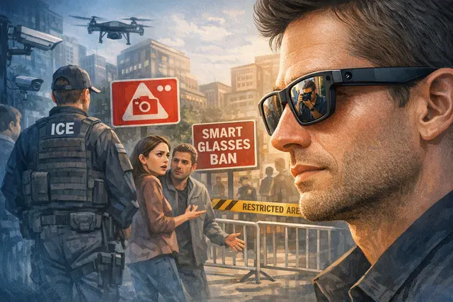 Editorial illustration of camera-enabled smart glasses and privacy concerns