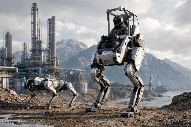 AI-generated illustration of a large pilot-carrying mecha robot in a robotics lab