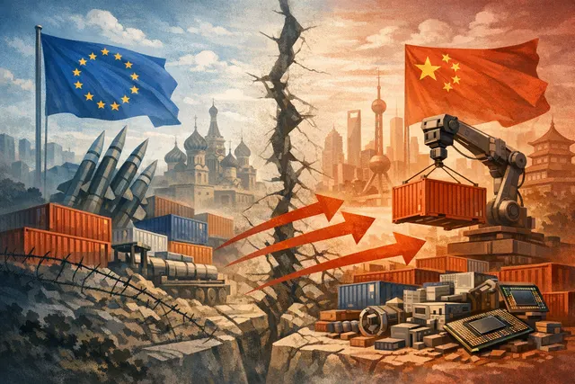 Conceptual illustration of the EU and China facing off over trade sanctions and export controls, with a globe and industrial gears in the background