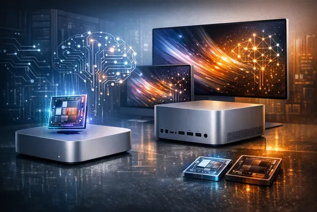 Apple Mac mini and Mac Studio desktop computers representing the M6 and M5 Ultra chips