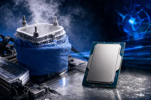 Illustration of an Intel CPU overclocking setup reaching 9.2 GHz world record speeds
