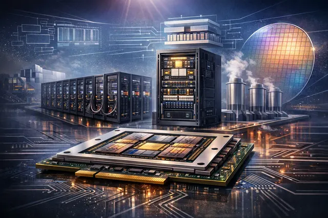 Editorial illustration of AMD Instinct MI455X chiplets and the Helios 72-GPU AI rack