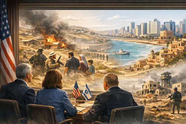 Editorial illustration of U.S.-Israel diplomatic pressure over West Bank settler violence and the Gaza ceasefire
