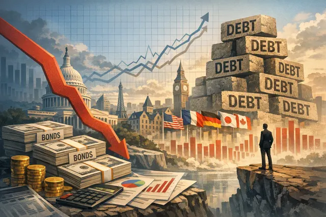 Editorial illustration of rising government bond yields and fiscal pressure across G7 economies