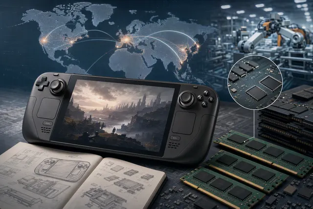 Steam Deck handheld pictured against a backdrop representing rising memory-chip costs