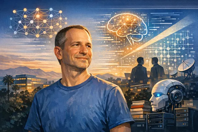 Noam Shazeer standing at the intersection of Google and OpenAI logos, symbolizing the AI talent war