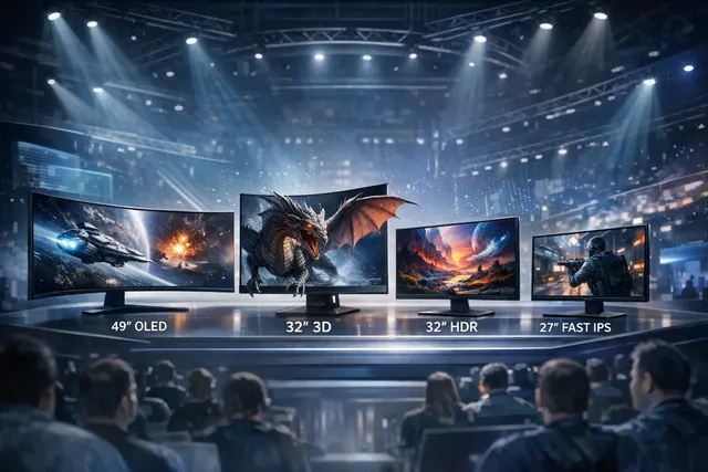 Conceptual illustration of Samsung’s 2027 Odyssey gaming monitors, including ultrawide OLED and high-refresh esports displays