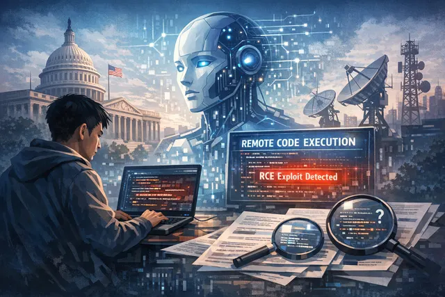 Conceptual image of an AI agent swarm autonomously discovering a critical software vulnerability, with code and digital network elements representing the Redis exploit chain.