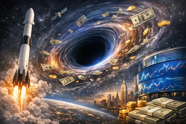 Editorial graphic illustrating the global liquidity drain created by SpaceX's record IPO, with capital flows visualized from South Korea and crypto markets toward the SPCX ticker o