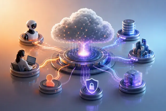 Editorial illustration of interconnected AI agents, cloud systems and customer experience workflows