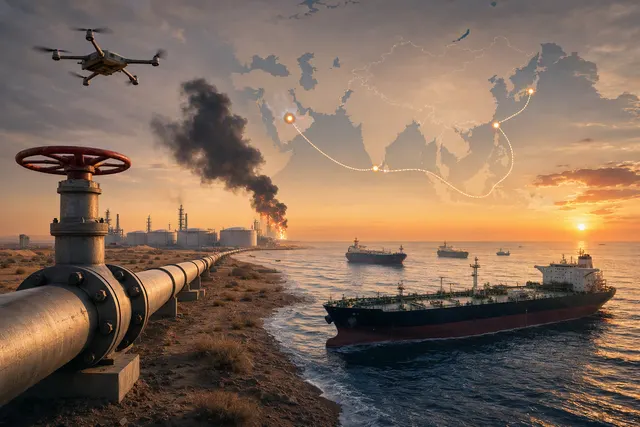 Editorial illustration of Saudi Arabia's East-West oil pipeline disruption and its effect on crude shipments
