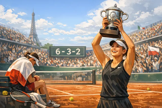 Mirra Andreeva holds the trophy on Court Philippe-Chatrier after winning the 2026 French Open women's singles final.