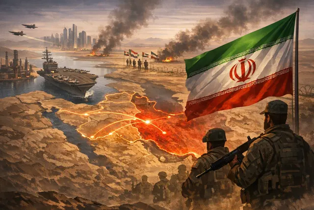 AI-generated illustration of Iran caught between U.S. economic pressure, regional trade routes and Gulf shipping