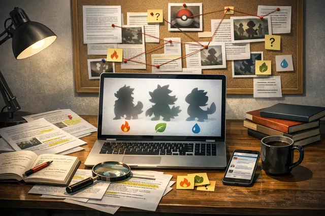 Concept art of the three Gen 10 starter Pokémon, Browt, Pombon, and Gecqua, in a tropical setting, questioning the veracity of leaked evolution types.
