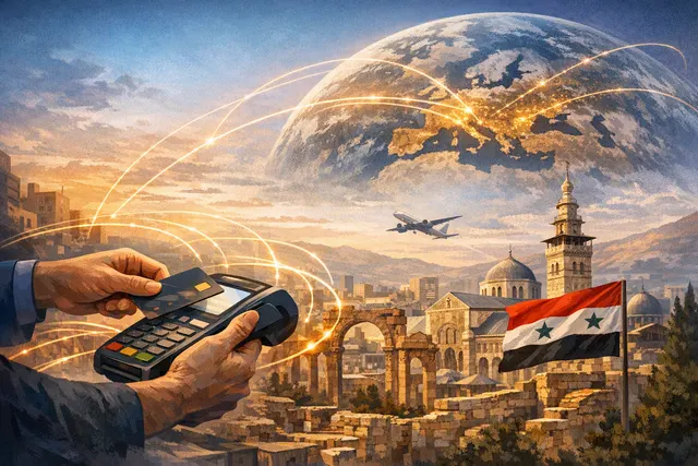 Illustration of an international card payment being made in Damascus as Syria reconnects to Visa and Mastercard