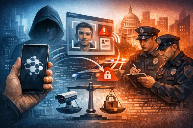Illustration of a smartphone displaying a privacy shield warning beside a police badge, representing the tension between privacy-focused operating systems like GrapheneOS and age-v