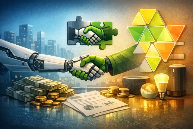 AI-generated editorial hero image showing merger of SwitchBot robotics and Nanoleaf smart lighting technology
