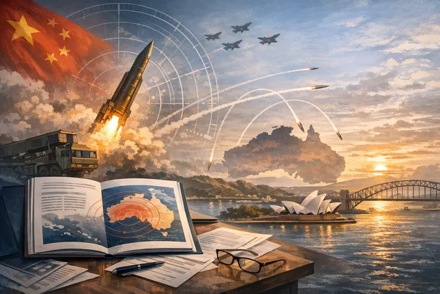 A conceptual image representing China's growing missile strike threat to Australia, featuring a map of Australia with trajectory lines and missile silhouettes.