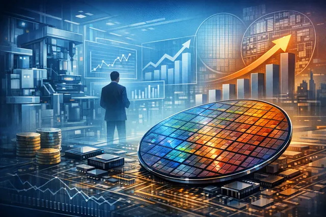 Editorial illustration of Intel’s 14A semiconductor manufacturing process and advanced chip fabrication