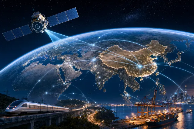 Illustration of China’s BeiDou satellite navigation system and its global Belt and Road coverage