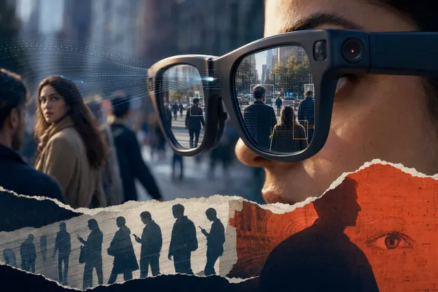 Editorial illustration of AI smart glasses and the privacy concerns surrounding wearable cameras