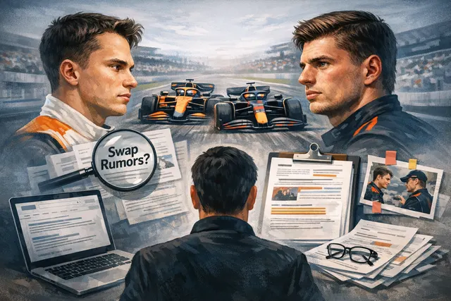 Formula 1 driver swap rumor visualization showing Oscar Piastri and Max Verstappen with McLaren and Red Bull branding