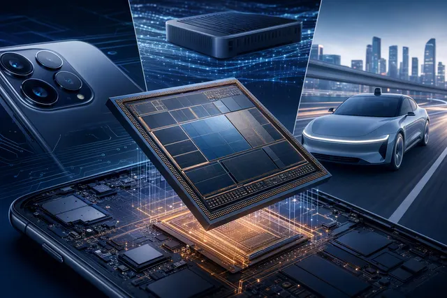 Editorial illustration of Xiaomi’s XRing semiconductor strategy across smartphones, edge AI and vehicles