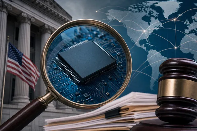 Concept illustration of chip licensing and antitrust scrutiny surrounding Arm Holdings