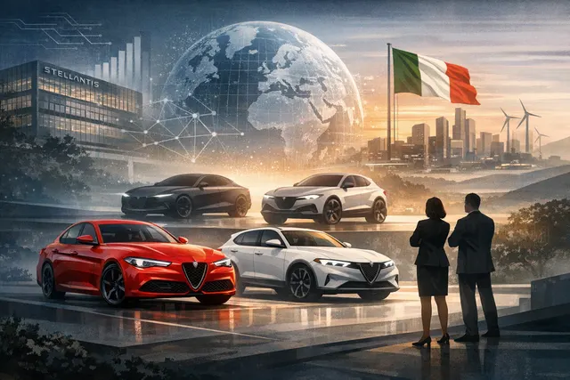 Artistic rendering of a future Alfa Romeo D-segment model cloaked in shadow, sitting under dramatic lighting in a studio, symbolizing its uncertain fate under the FaSTLAne 2030 pla