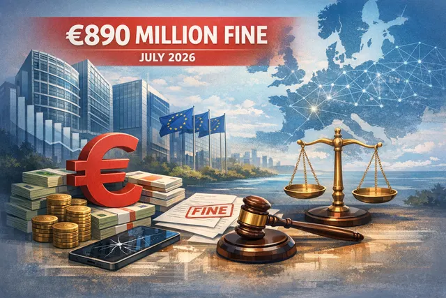 Collage illustration showing the European Commission building in Brussels, the Google logo, and a euro currency symbol representing the €890 million Digital Markets Act fine impose
