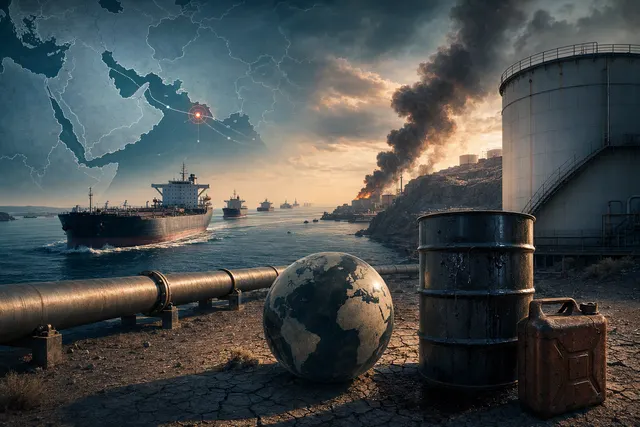 Illustrative editorial image about oil supplies and disruption to shipping through the Strait of Hormuz