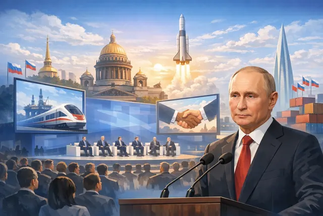 Vladimir Putin addressing the SPIEF 2026 plenary session alongside leaders from China, Tanzania, and Uzbekistan